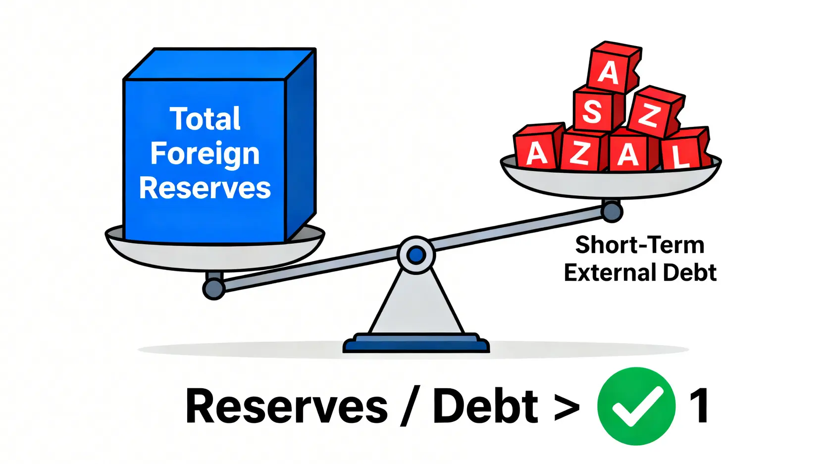 一張概念示意圖,用天秤解釋格林斯潘-古迪歐提規則。天秤左邊是代表外匯儲備的穩固藍色方塊,右邊是代表短期外債的紅色方塊堆疊。左邊較重,代表儲備大於外債,顯示為健康狀態。