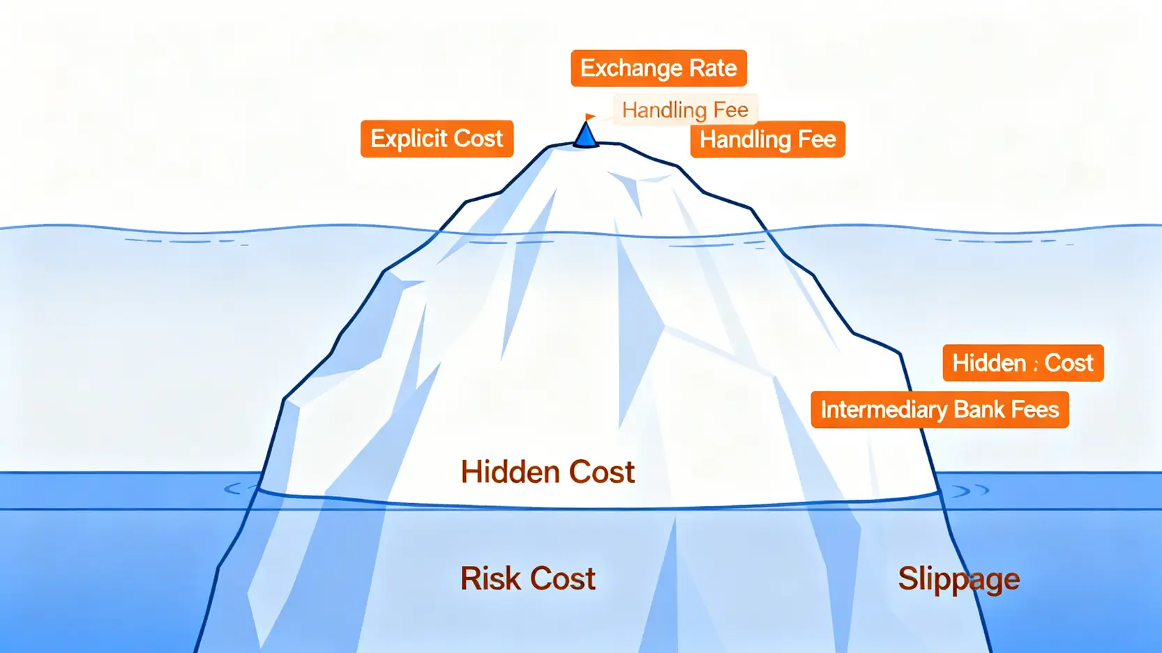 外匯交易成本冰山圖,顯示水面上的顯性成本以及水面下更龐大的隱性和風險成本。