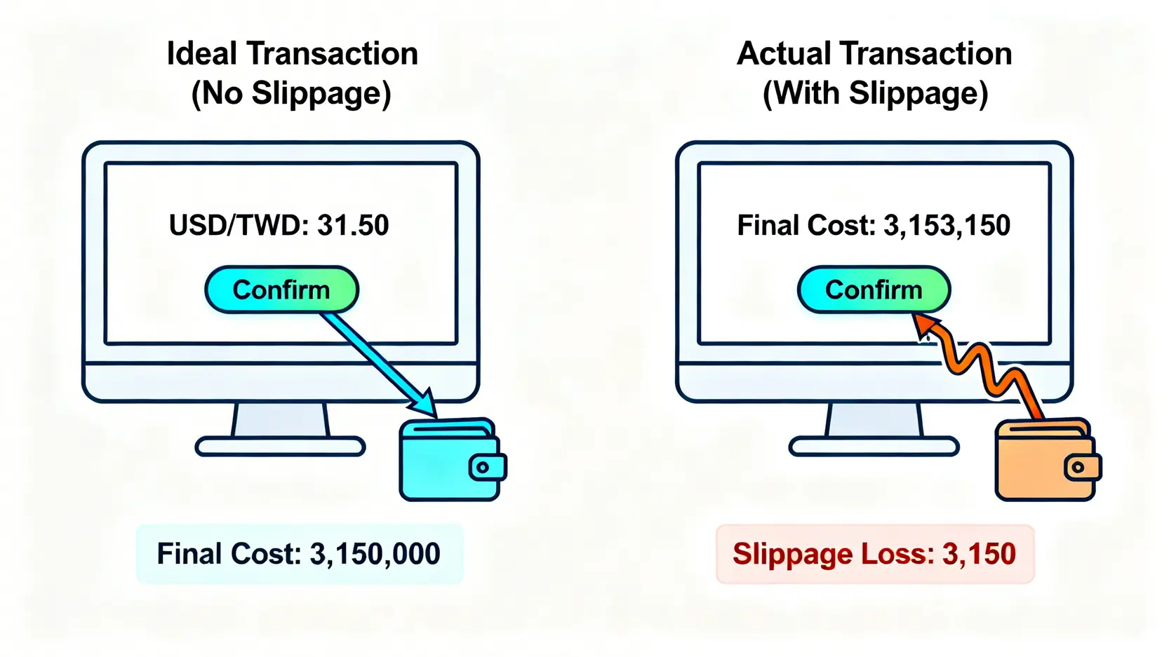 一張圖解釋匯率滑點,對比理想交易價格與因市場波動導致的實際成交價格差異。