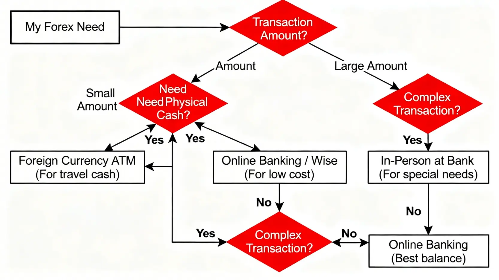 一個決策樹圖表,引導用戶根據換匯金額大小與目的,選擇最合適的渠道,如網銀、臨櫃或ATM。