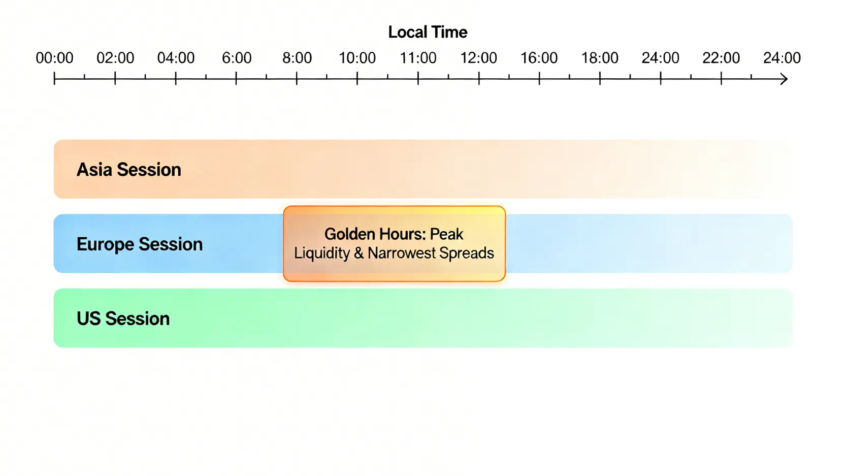 全球外匯市場24小時交易時段圖,標示出歐洲與美洲盤重疊的黃金交易時段。