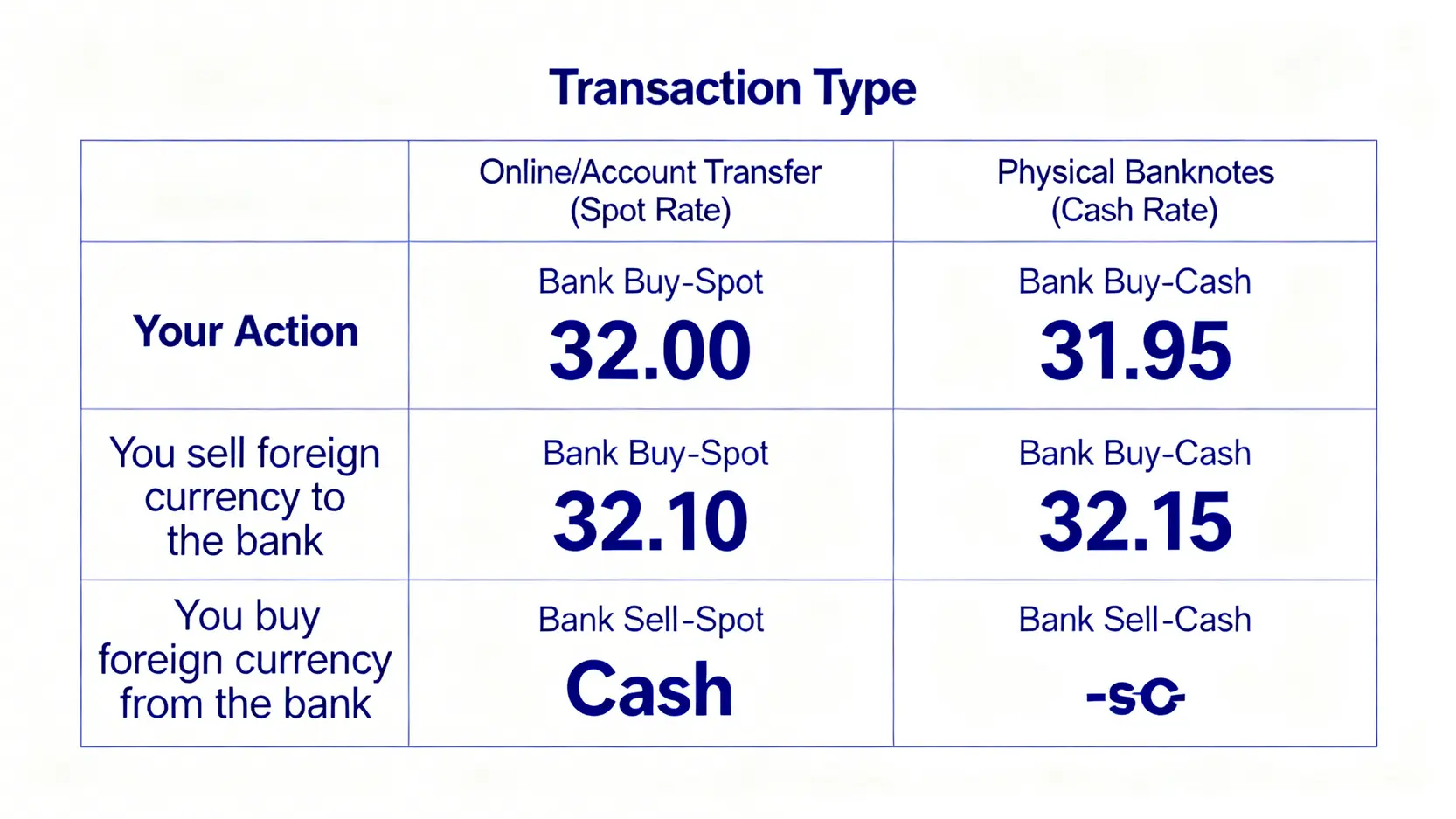 圖解說明銀行外匯牌告利率的四個象限:即期匯率、現金匯率、銀行買入與銀行賣出。