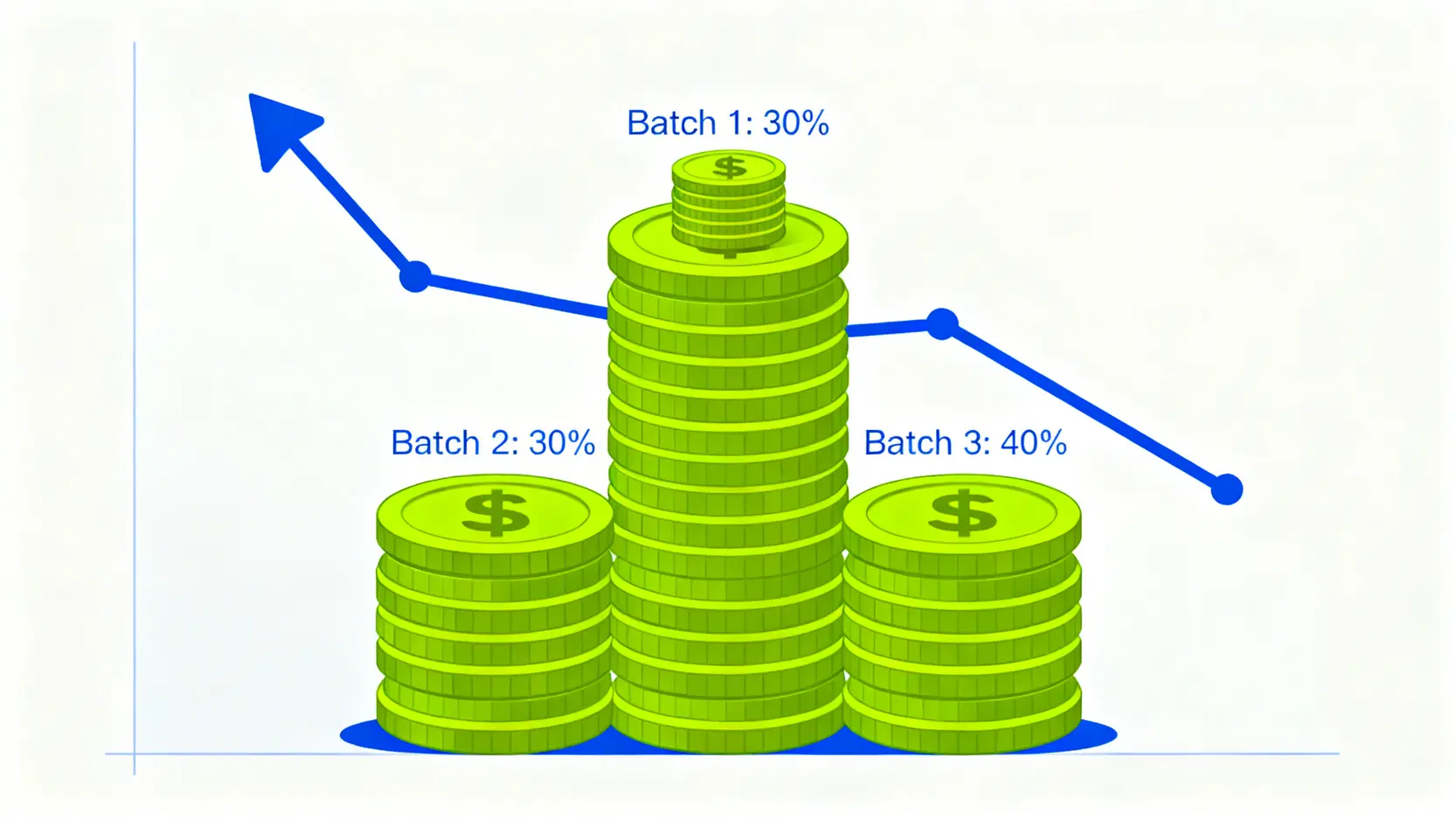 分批買入策略示意圖,展示在不同匯率價位投入不同比例資金以攤平成本的金字塔概念。