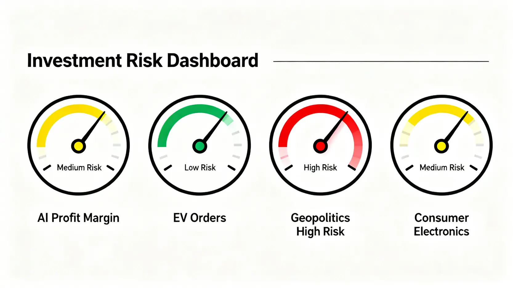 一個投資風險儀表板,顯示影響鴻海的四大風險變數,包括AI毛利率、電動車訂單、地緣政治與消費性電子。