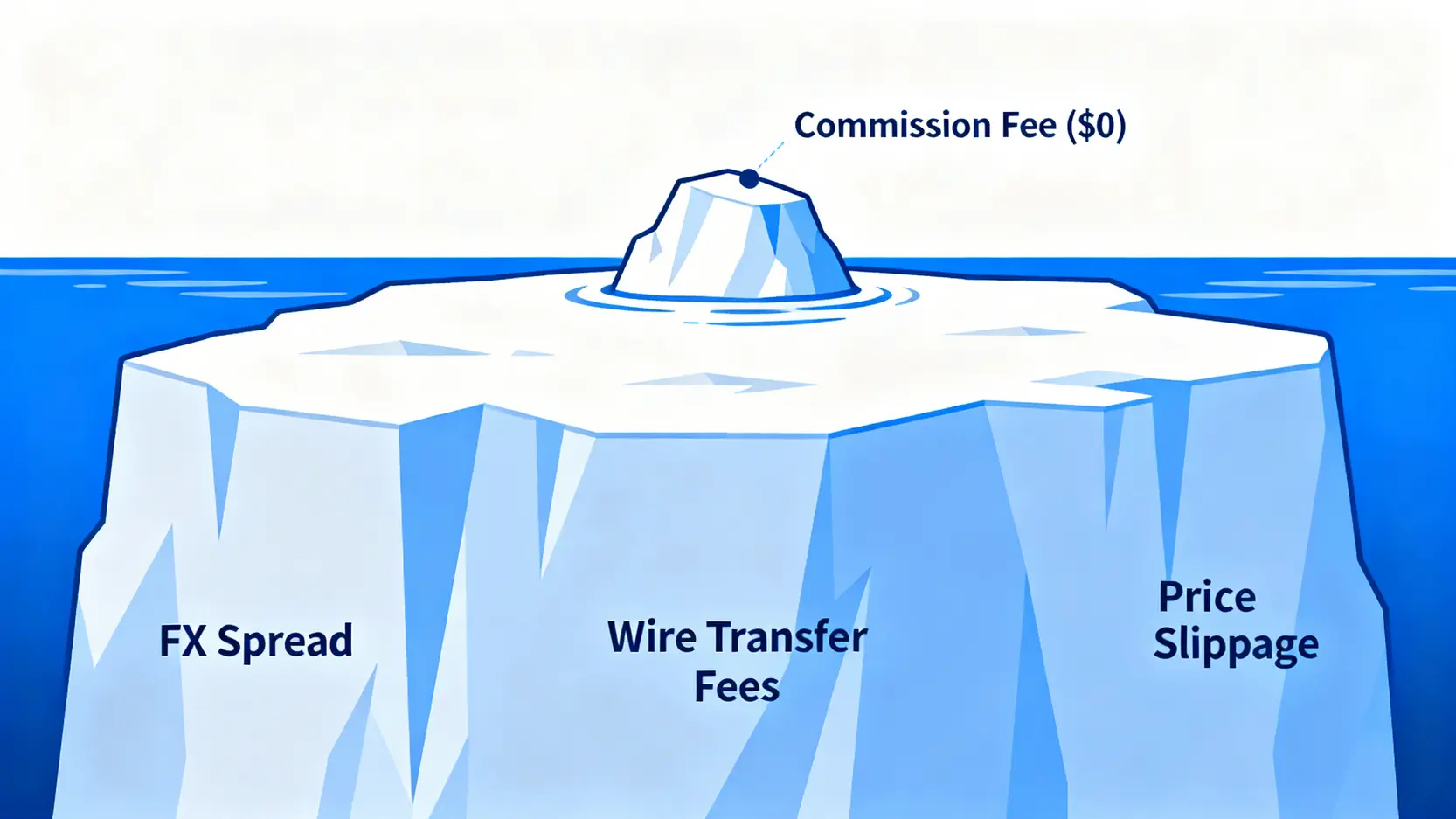 一張冰山概念圖,說明投資的總持有成本。水面上可見的小部分是「零手續費」,水面下隱藏的巨大冰山則是「換匯成本」、「電匯費用」和「滑價風險」等隱藏成本。