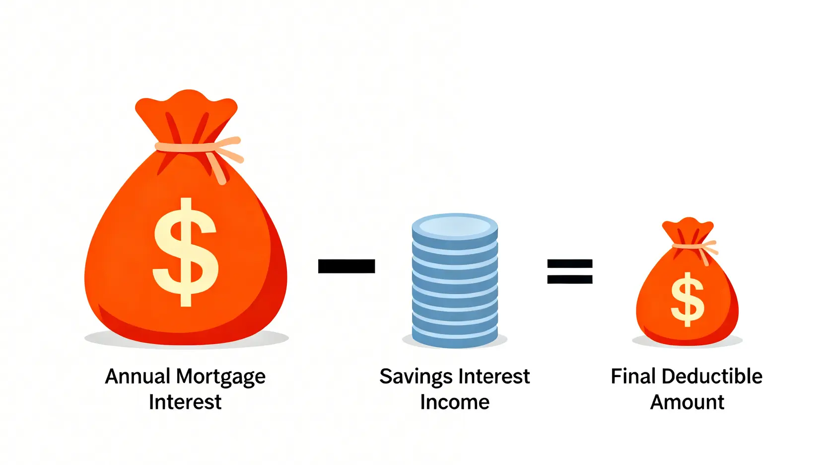 房貸利息扣除額計算公式圖,顯示年度房貸利息總額減去儲蓄利息收入後,等於最終可申報的金額。