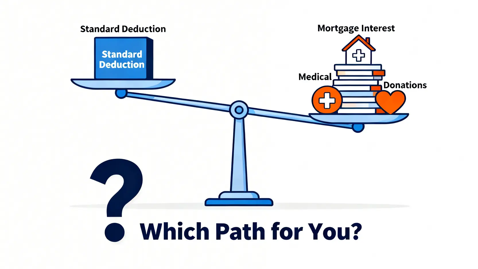 標準扣除額與列舉扣除額的比較圖,用天秤來比喻兩者的權衡,一邊是固定的標準扣除額,另一邊是房貸利息、保險費、捐贈等多個項目的總和。