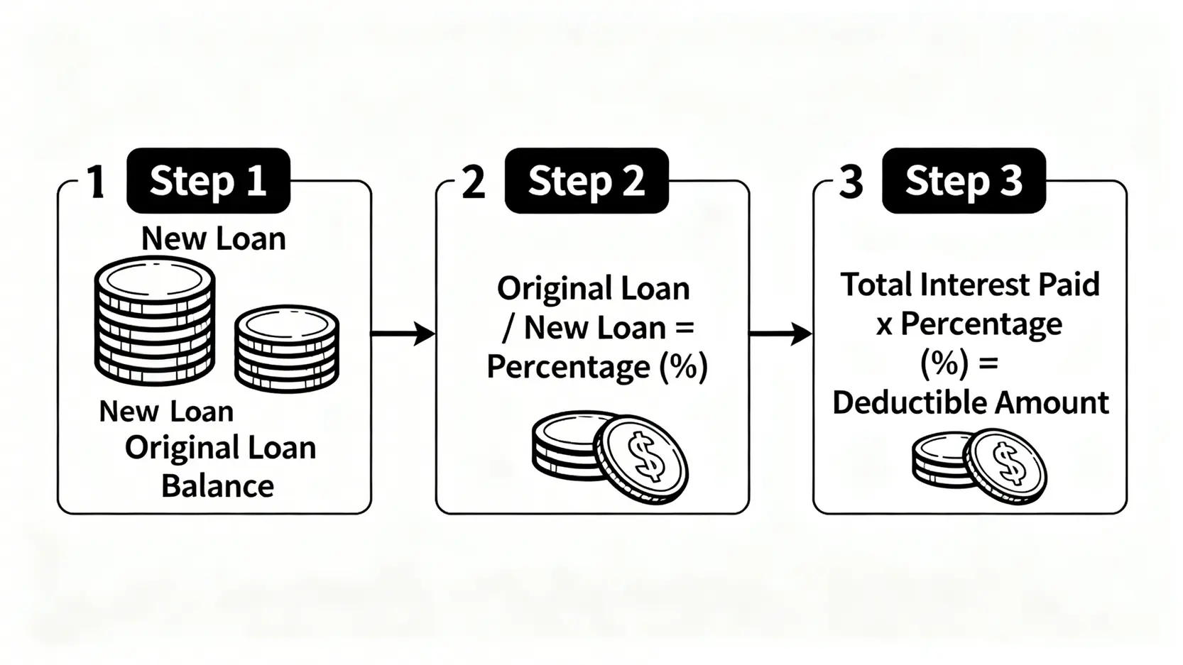 房屋轉貸後可申報利息的計算流程圖,分為三步驟:確認新舊貸款金額、計算可申報比例、最後算出可扣除的利息金額。