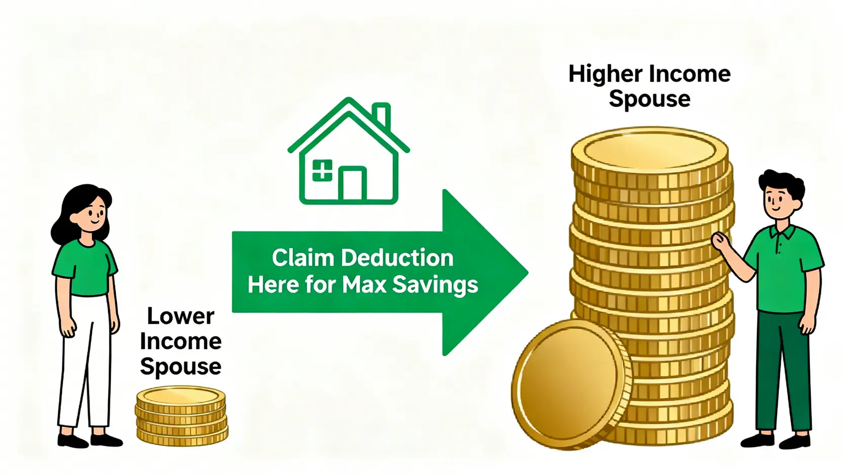 圖示說明夫妻共同持有房產時,應由收入較高的一方申報房貸利息以獲得最大節稅效益。