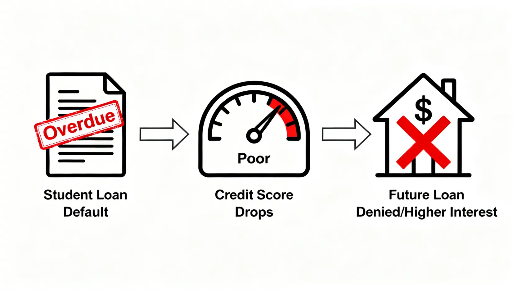 就學貸款逾期未繳對信用的負面影響流程圖,顯示逾期會導致信用評分下降,進而影響未來申請房貸等貸款。