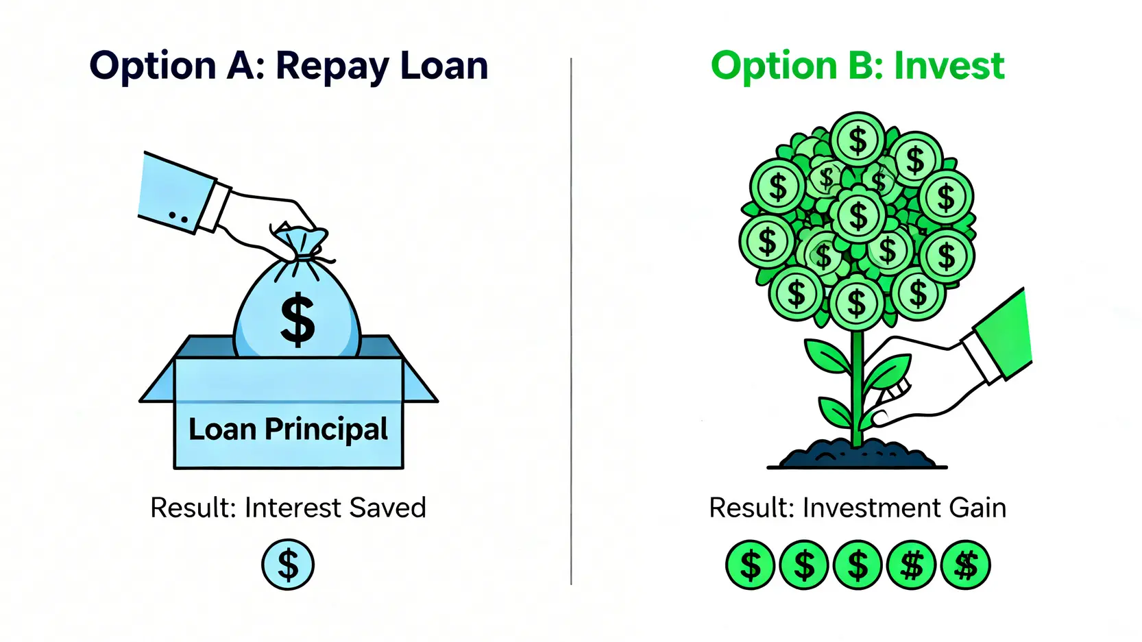 提前還款與投資的機會成本比較圖,顯示投資的潛在回報遠高於節省的學貸利息。