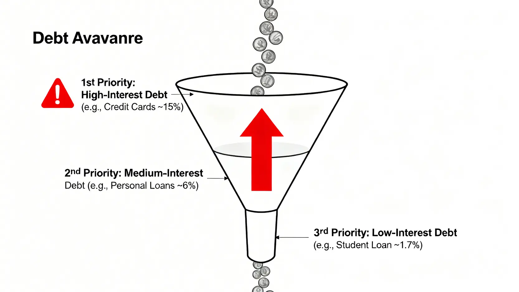 雪崩式還款法示意圖,呈現應優先償還高利率債務(如卡債)再到低利率債務(如學貸)的順序。
