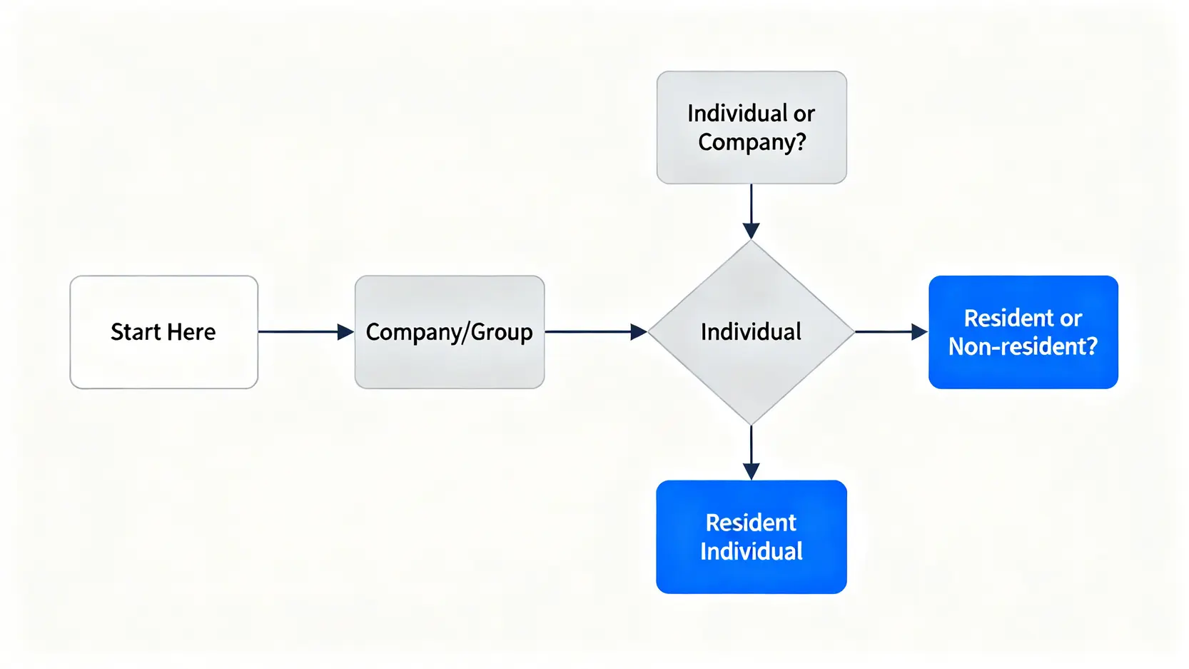 外匯申報義務人身份判定流程圖,區分個人、公司、居住者與非居住者。