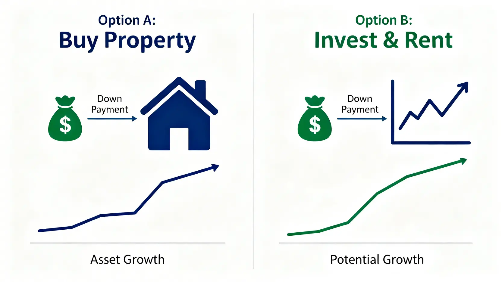 機會成本對比圖:買房投入與投資ETF的兩種財務路徑比較。