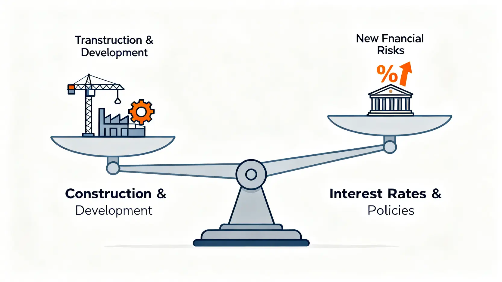 一個顯示房地產市場新舊影響因素的天平示意圖,利率與政策的砝碼重於傳統的建設題材。