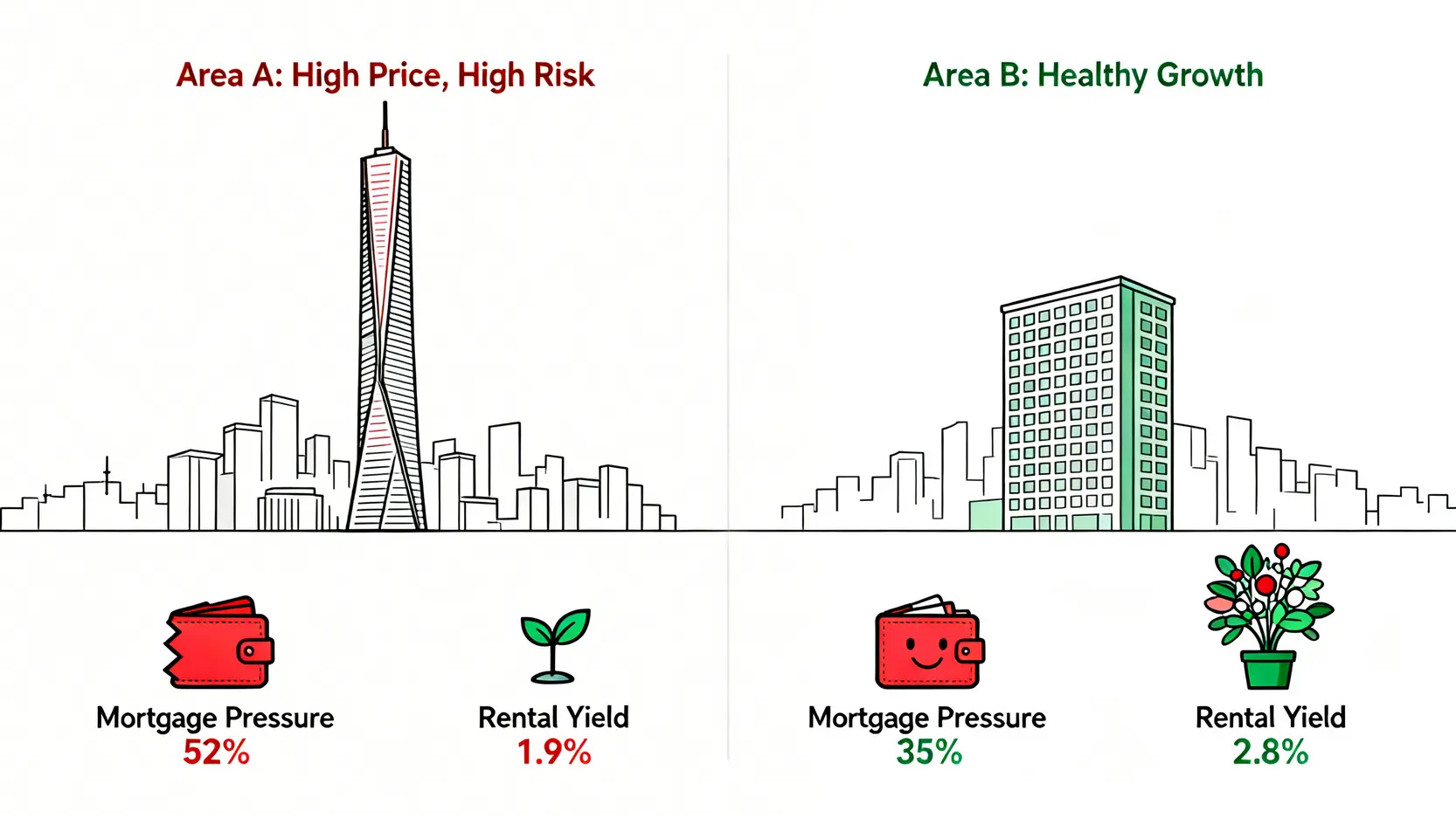 一張對比圖,比較高房價高風險區域與健康增長潛力區域的房貸壓力與租金投報率。