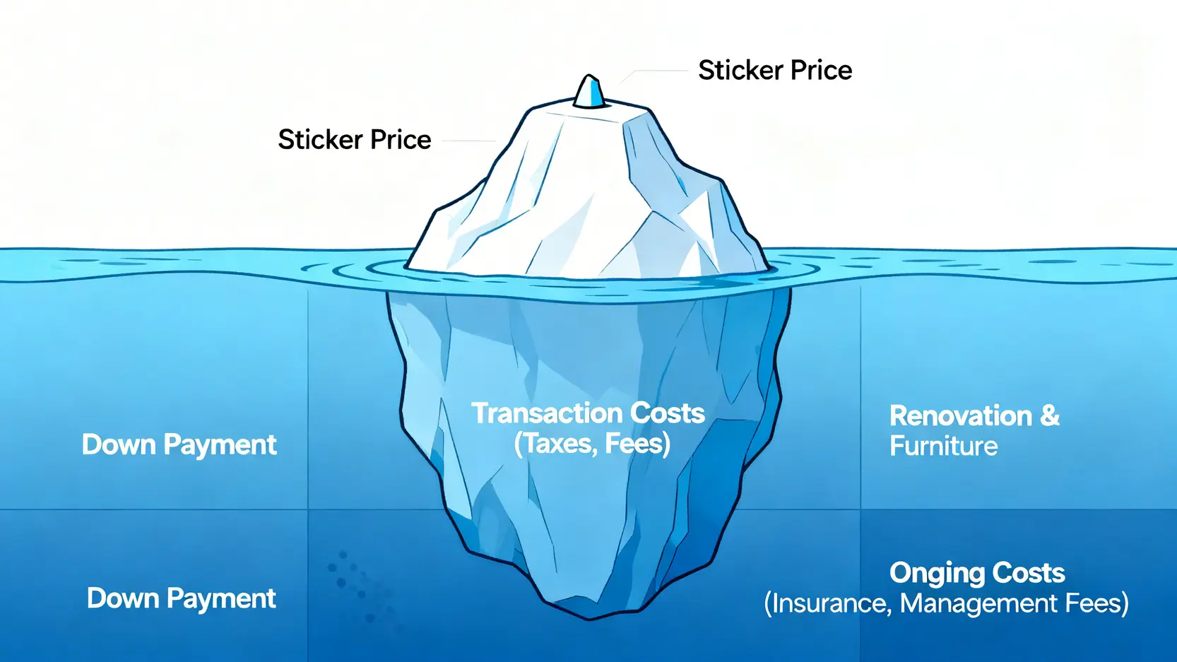 一張購屋成本的冰山示意圖,顯示房價僅是可見的一小部分,水面下還隱藏著頭期款、稅費、裝潢費等巨大成本。