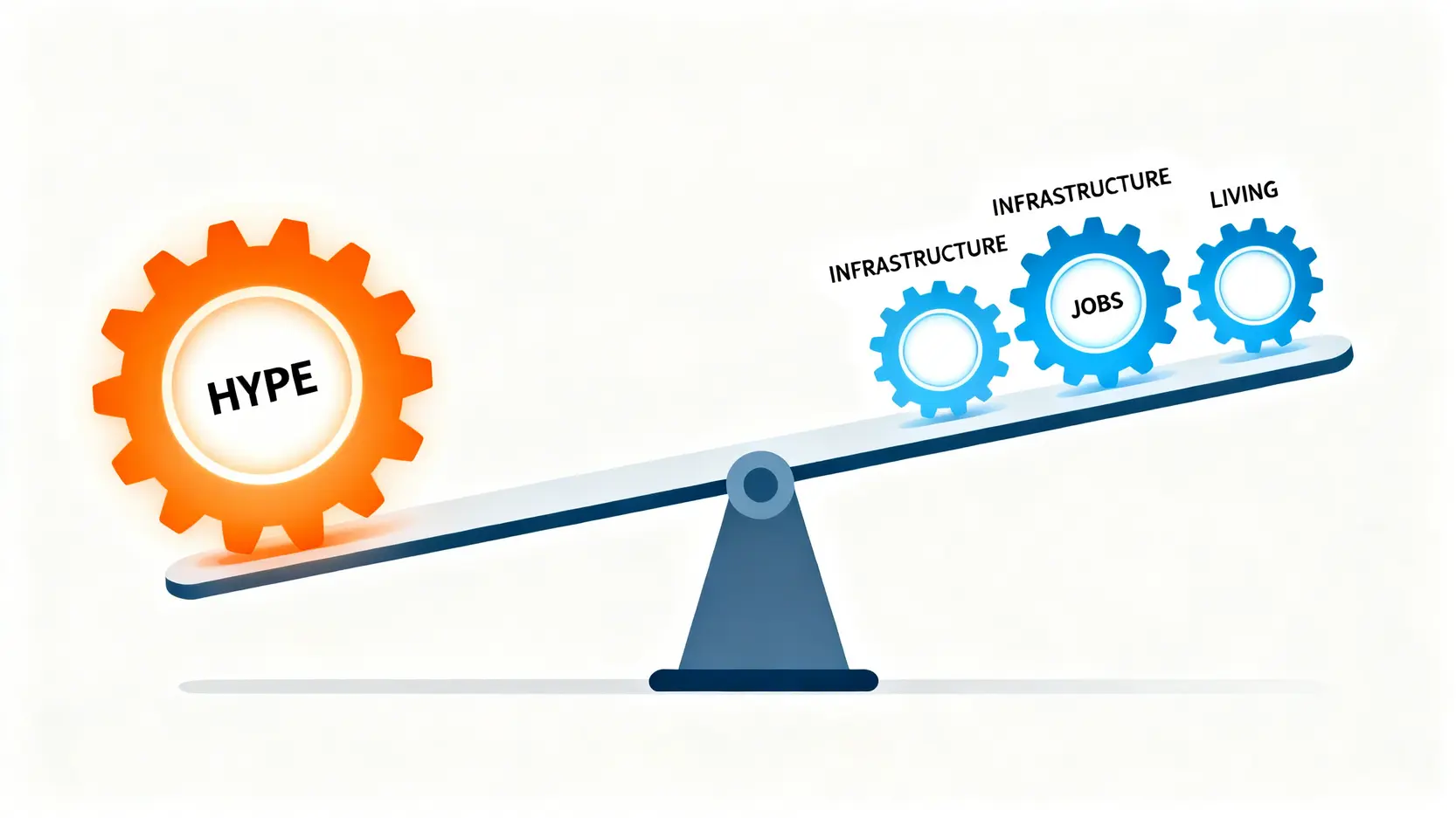 一個平衡秤的示意圖,左邊是代表炒作的單一齒輪,右邊是代表基礎建設、就業等多個代表價值的齒輪,象徵市場從情緒定價轉向價值定價。