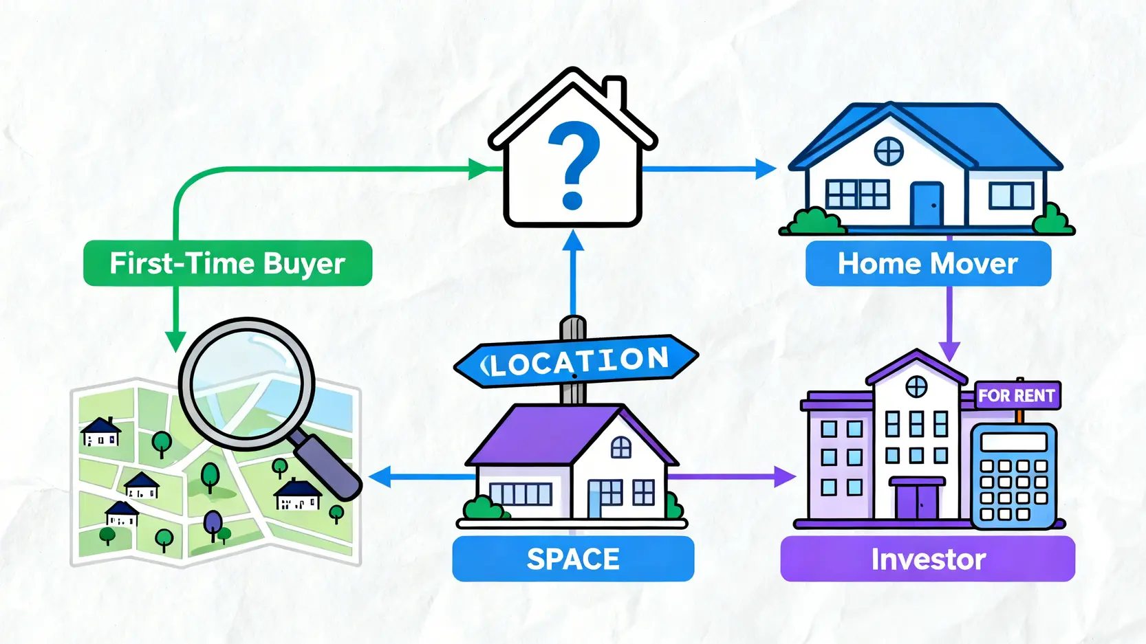 一張流程圖,展示了首購族、換屋族和投資族三種購屋者的不同決策路徑與考慮重點。
