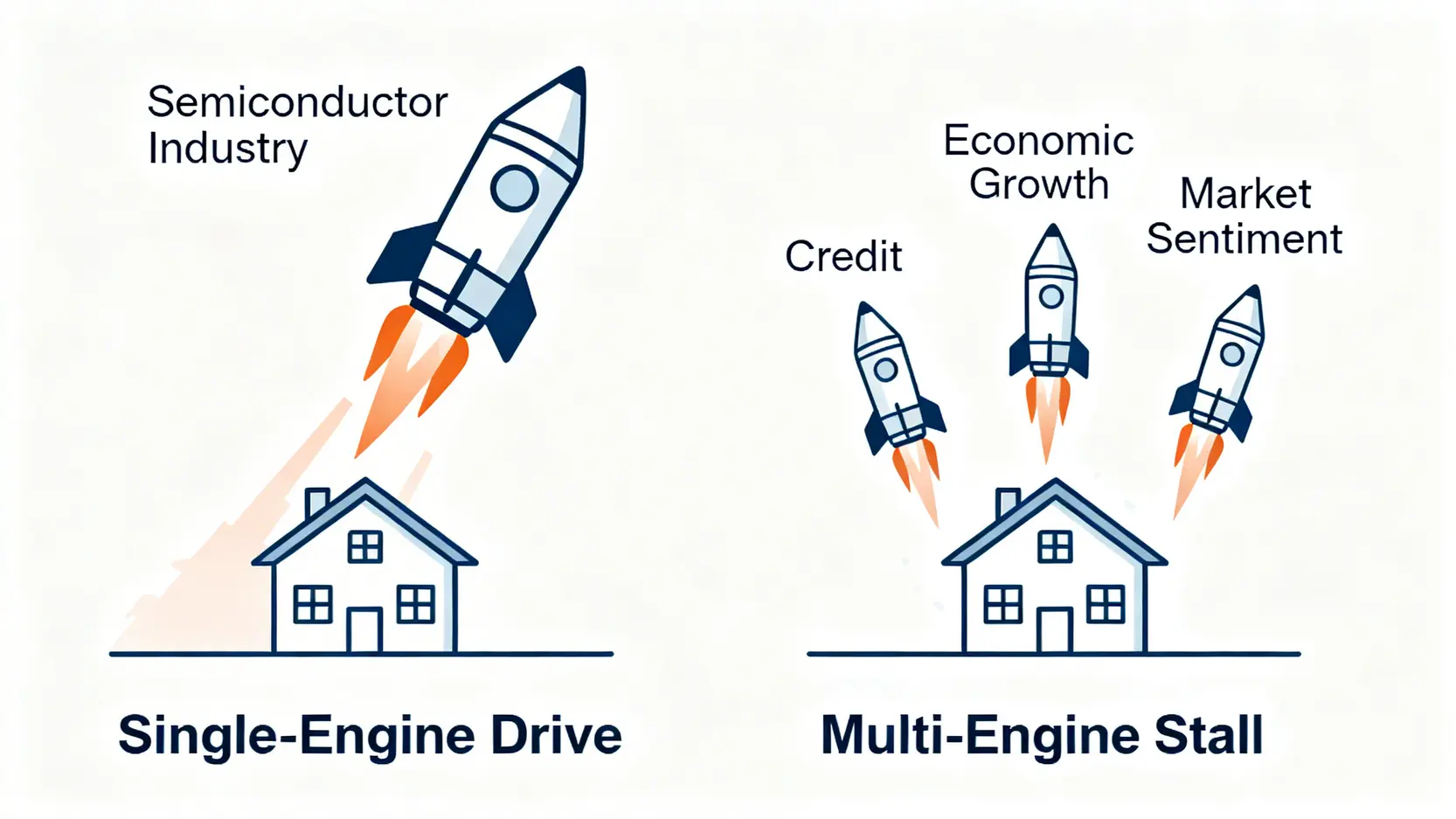 房市從單引擎驅動轉向多引擎失速的概念對比圖。
