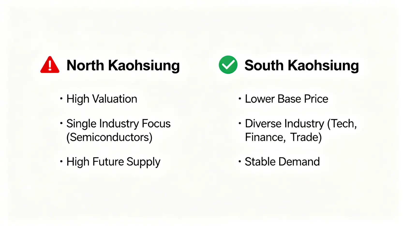 南高雄與北高雄房市投資風險與潛力對比圖。