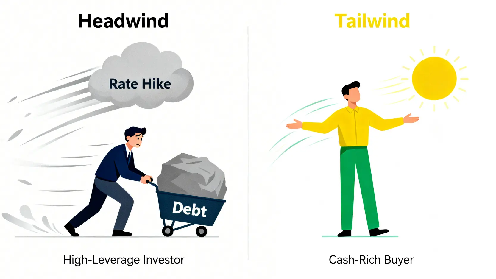 一張對比圖,左邊是高槓桿投資客在升息逆風中掙扎,右邊是現金充裕的買家在順風中前進。