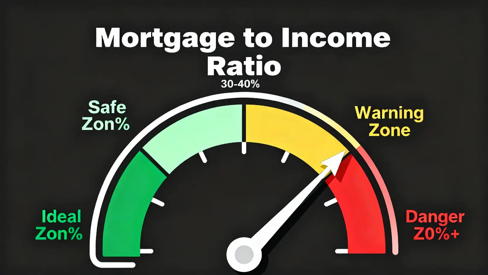一個儀表板,顯示房貸月付金佔收入比的安全區間,從綠色的理想區到紅色的危險區。