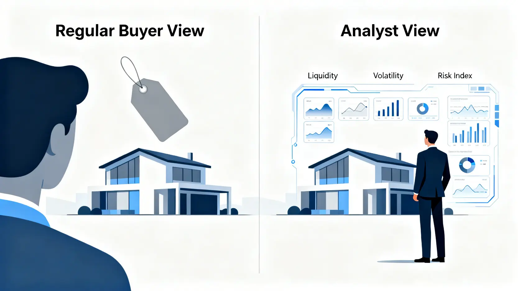 一張對比圖,左邊是普通購房者只看到房子的價格標籤,右邊是金融分析師看到房子的流動性、波動率等金融風險指標。