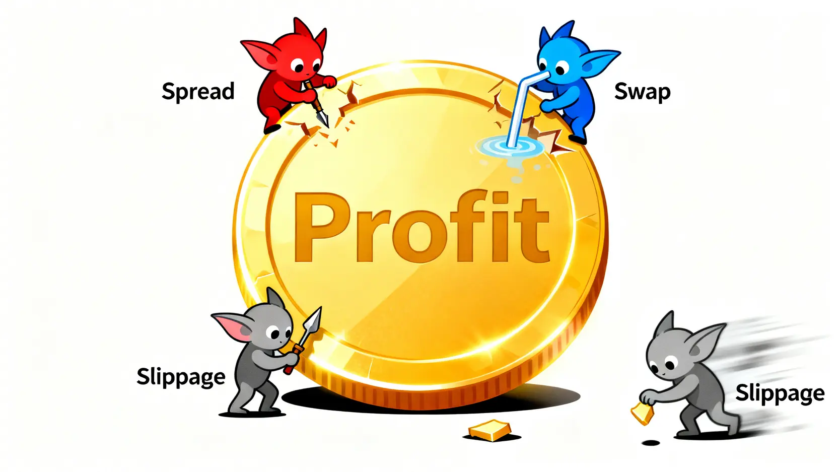 一個圖解說明交易利潤如何被點差、隔夜利息和滑點這三種隱形成本侵蝕。