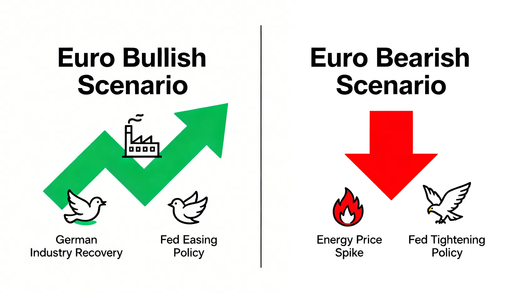 一張對比圖,左邊顯示看多歐元的情境(德國工業復甦、聯準會政策寬鬆),右邊顯示看空歐元的情境(能源價格飆漲、聯準會政策緊縮)。