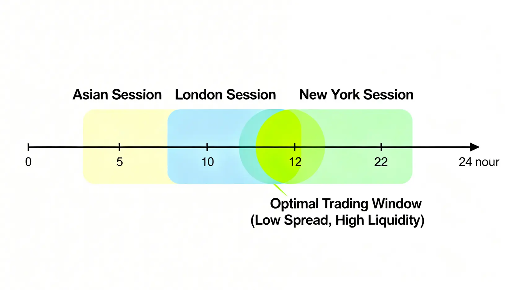 一張顯示全球外匯市場24小時交易時段的時間軸圖,特別標示出倫敦和紐約時段重疊的最佳交易時間窗口。