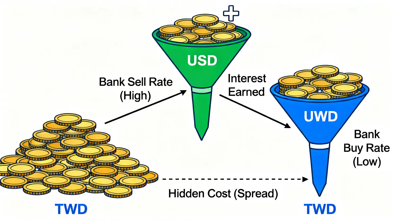 圖解說明美元定存的匯率買賣價差如何侵蝕獲利。