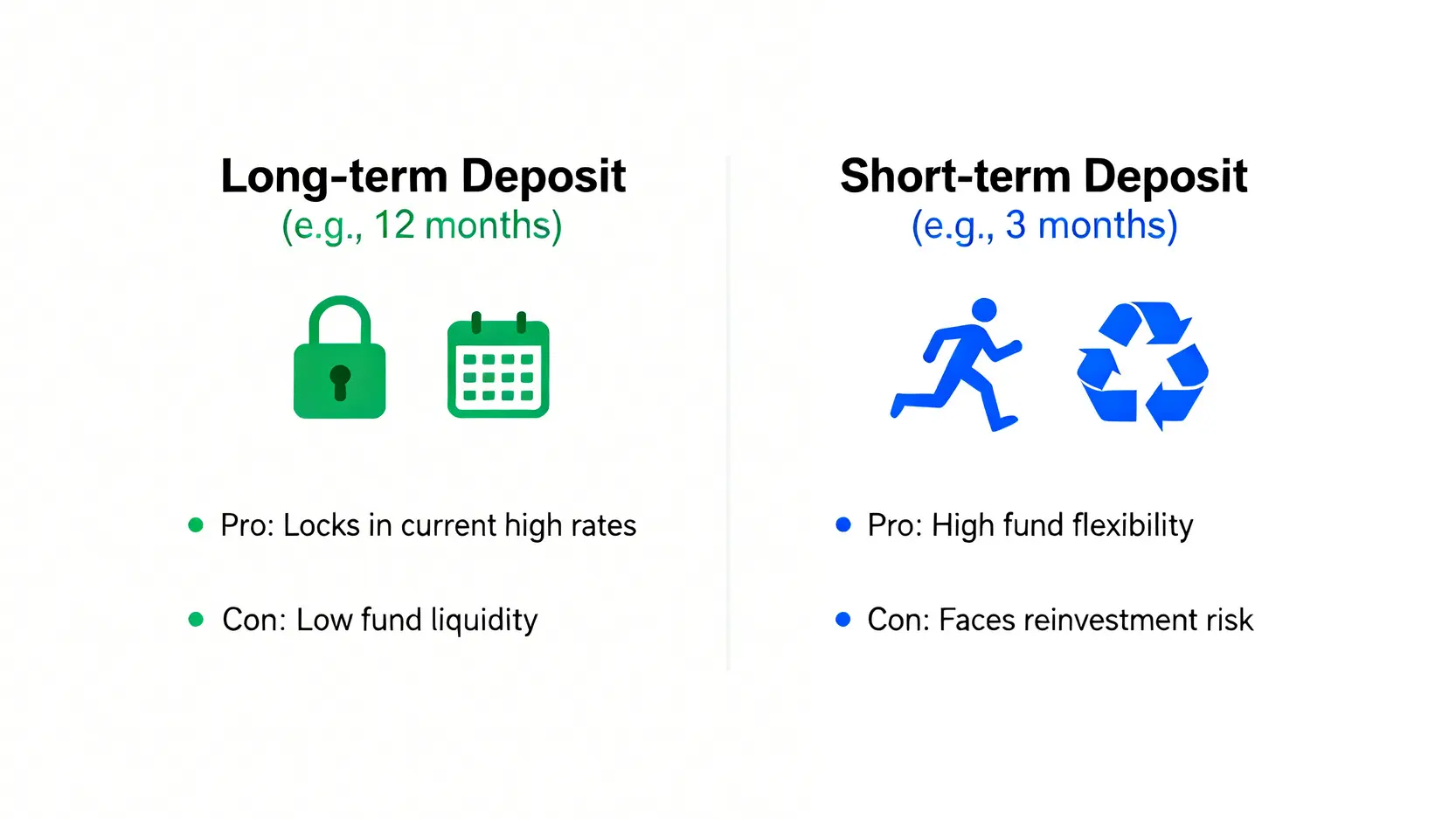 長期與短期美元定存優缺點對比圖,幫助投資者依據降息預期做出選擇。