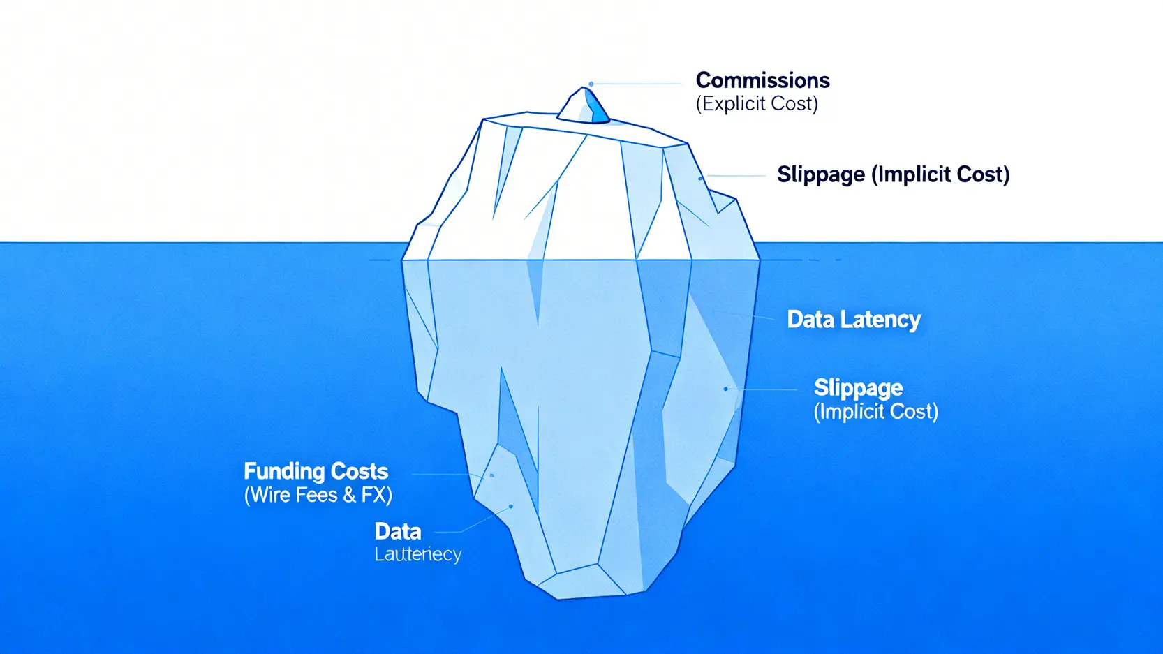 交易總持有成本的冰山比喻圖,顯示手續費只是冰山一角,而滑點和資金成本是水面下更大的成本。