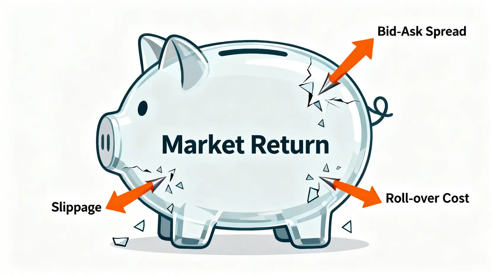 一張概念圖,說明期貨交易中的三種隱性成本(買賣價差、滑點、轉倉成本)如何侵蝕市場報酬。