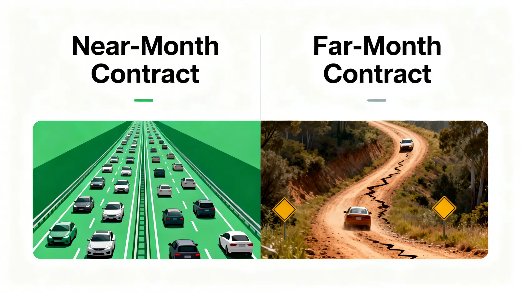 一張對比圖,將近月期貨合約比喻為車流順暢的高速公路,而遠月合約則像是車輛稀少的鄉間小路,形象地解釋了流動性的差異。