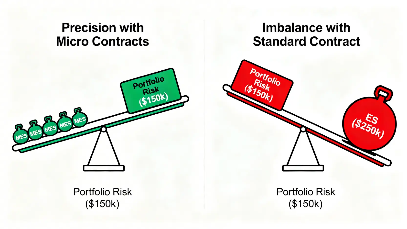 一張對比圖,展示了使用6口微型合約可以精準對沖風險,而使用1口標準合約則會造成槓桿失衡。