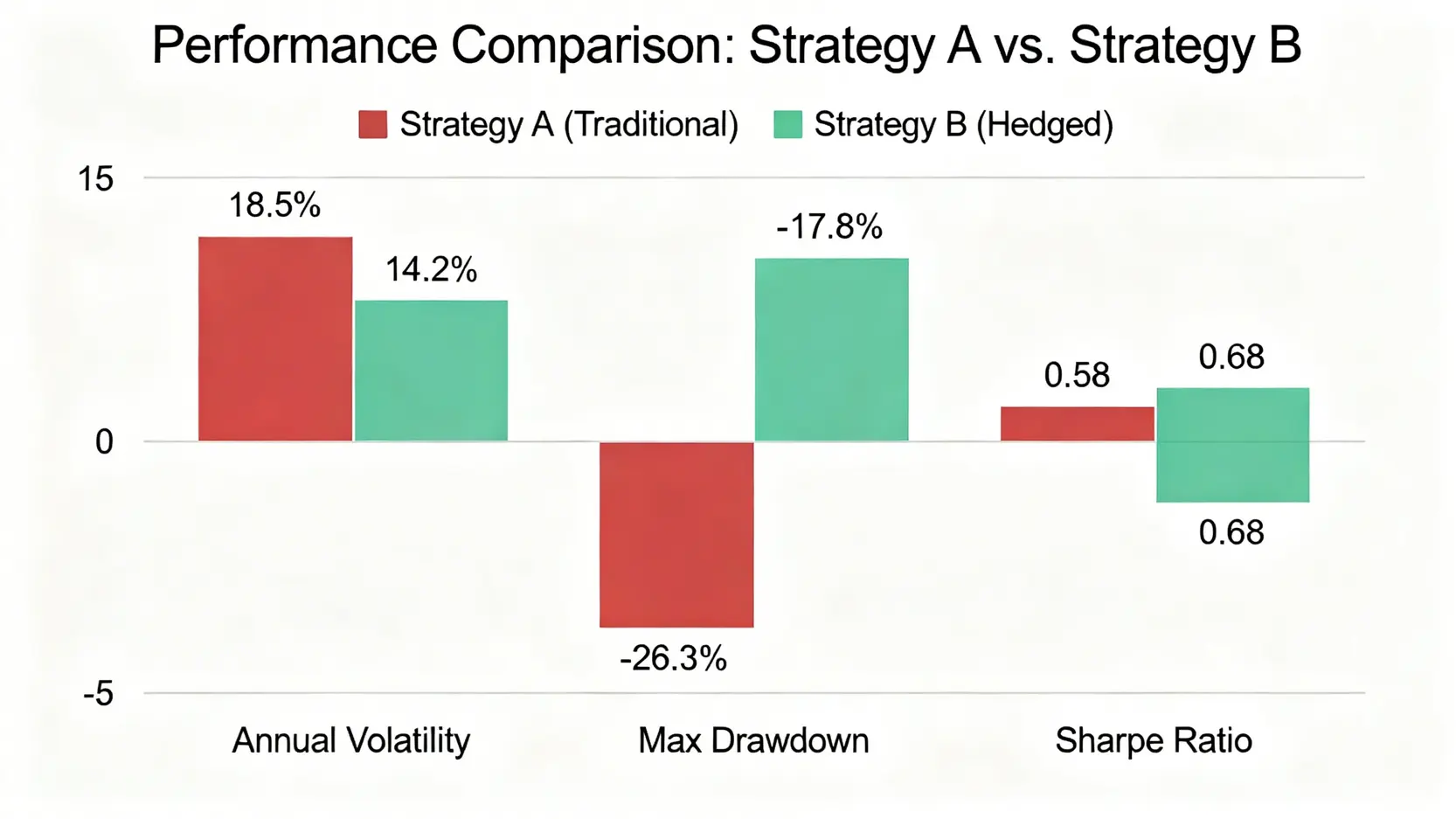 一張比較兩種投資策略的數據圖表,顯示加入期貨避險的策略B在年化波動率與最大回撤方面,均顯著優於傳統的策略A。