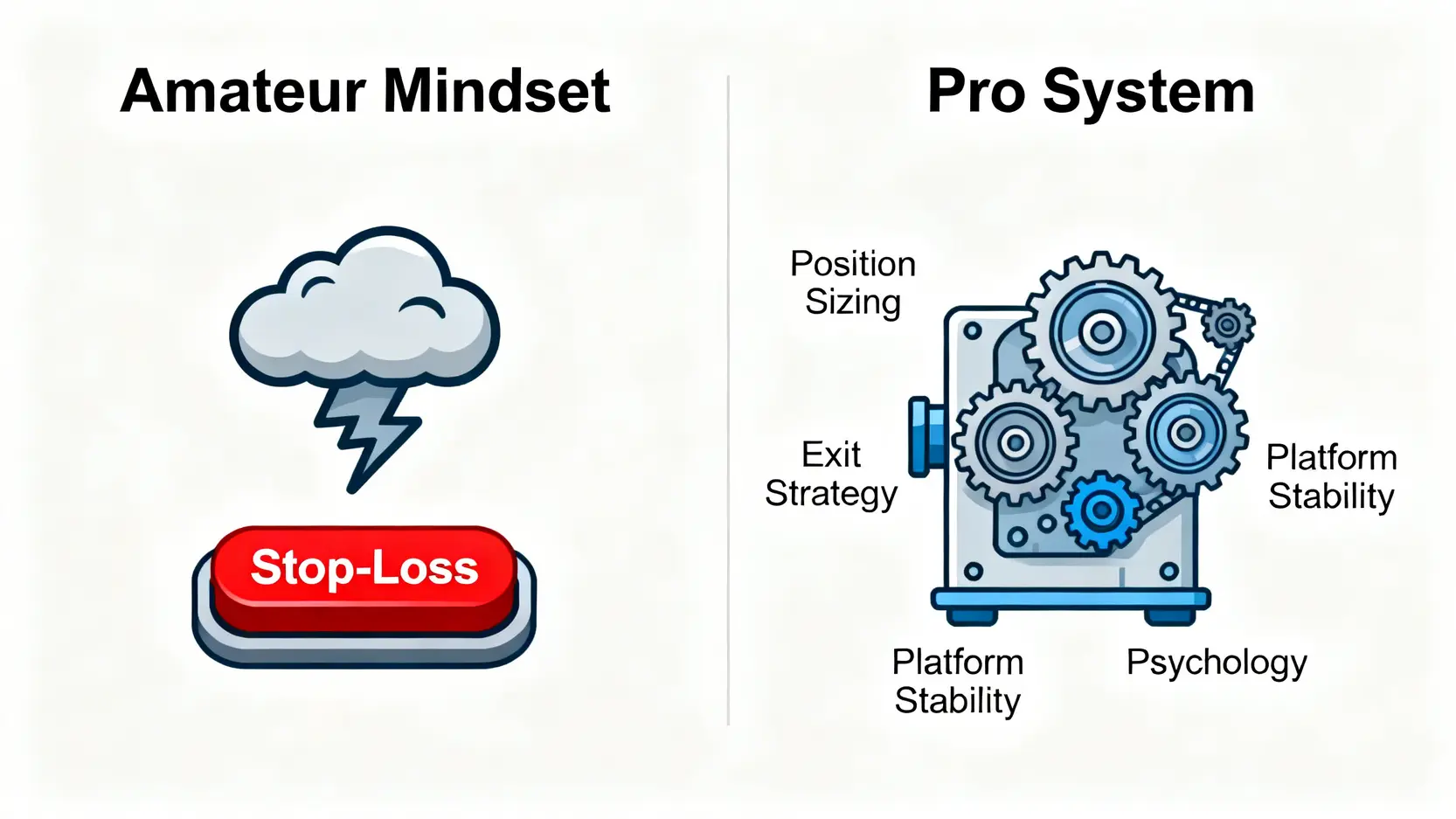業餘與專業交易員的風險管理思維對比圖,顯示了單點停損思維與系統化風控框架的區別。