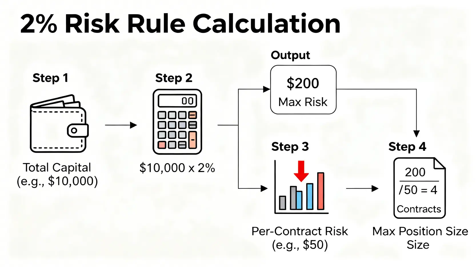 2%風險定律倉位計算流程圖,展示如何從總資金計算出最大可交易口數。