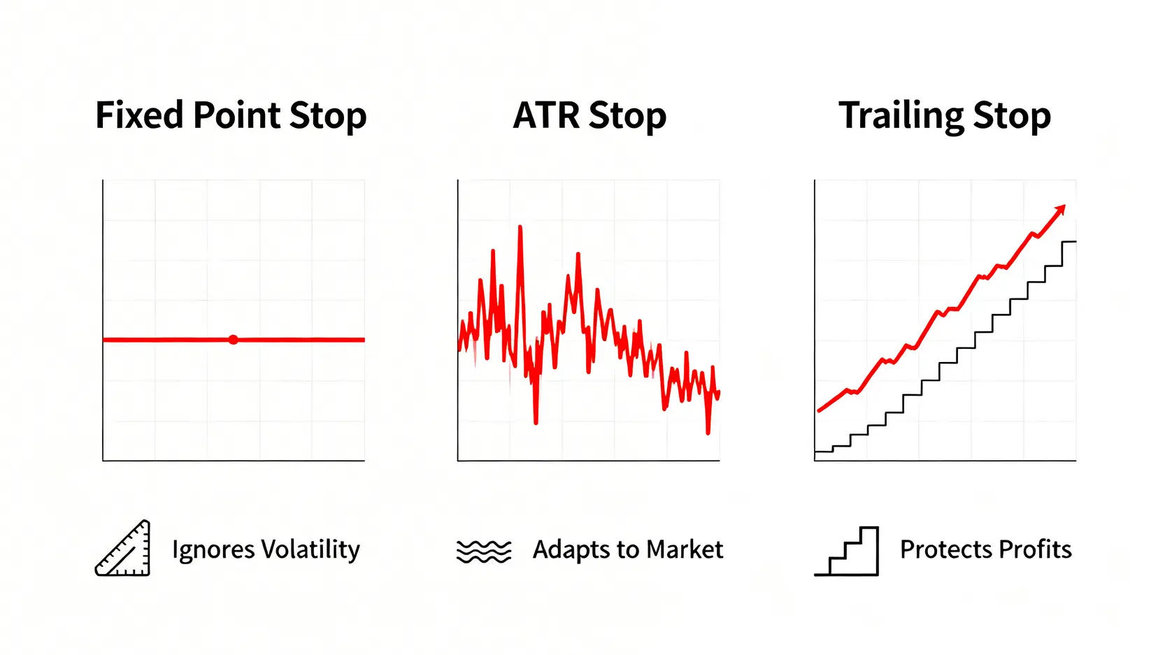 三種停損策略對比圖:固定點數、ATR指標停損、以及移動停利。