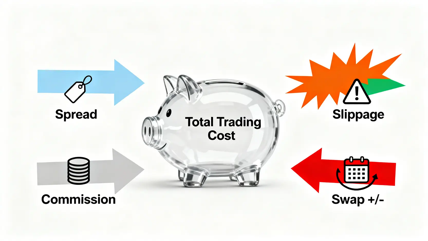 真實外匯交易成本的構成公式示意圖,包含點差、佣金、滑點和隔夜利息四個部分。