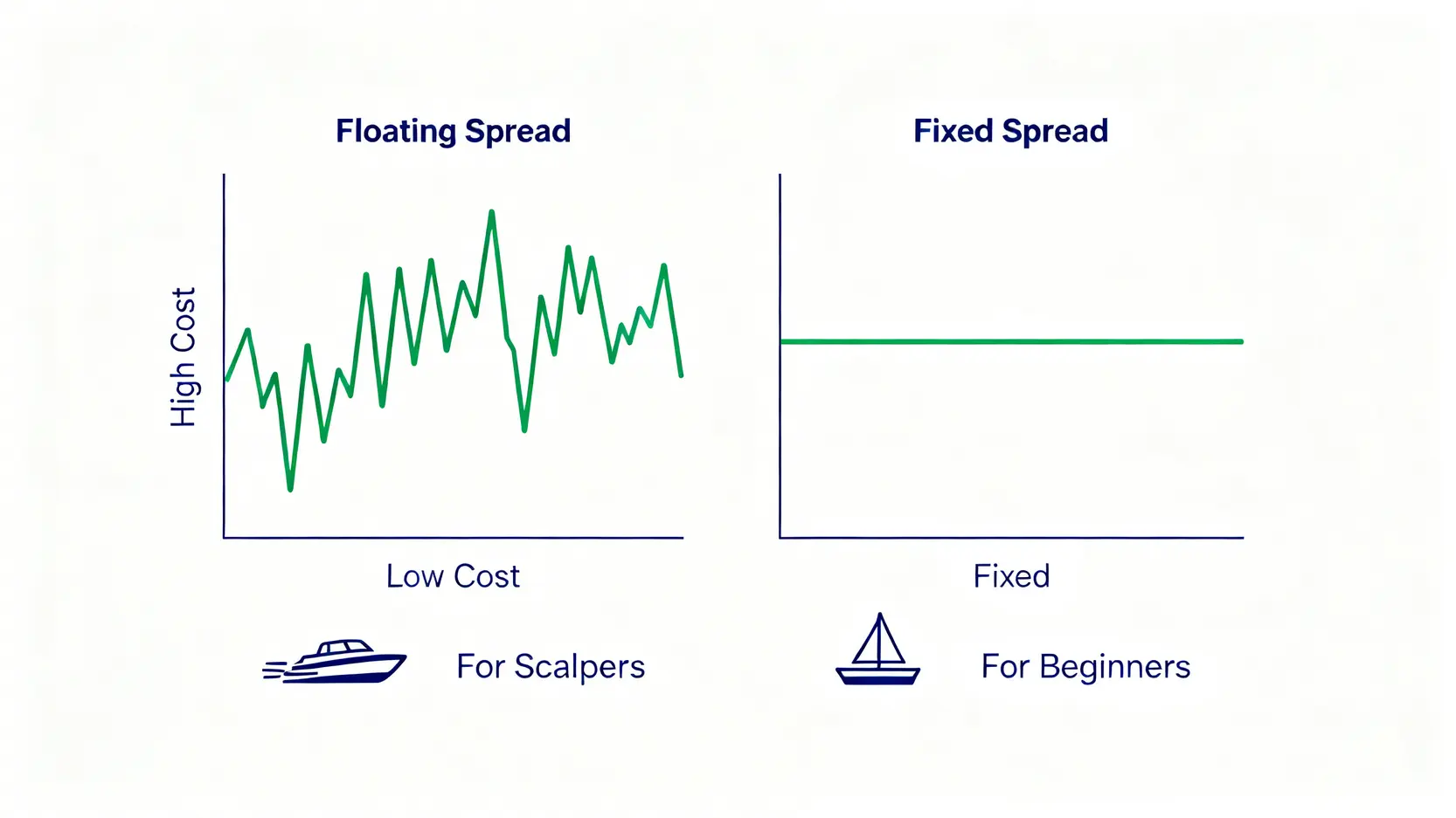 浮動點差與固定點差的對比圖。左側顯示浮動點差成本隨市場波動,右側顯示固定點差成本穩定不變。