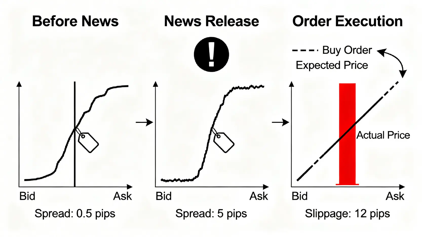 交易新聞數據時成本爆炸的流程圖。圖示顯示點差從0.5點擴大到5點,並且最終成交價與預期價格之間產生了12點的滑價。