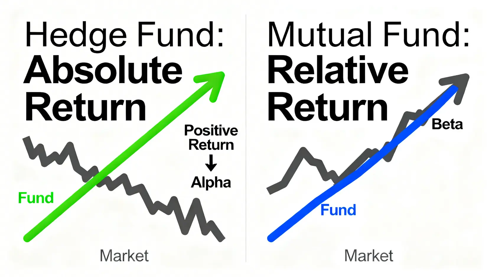 對沖基金與共同基金的投資目標對比圖,說明絕對報酬(Alpha)與相對報酬(Beta)的區別。