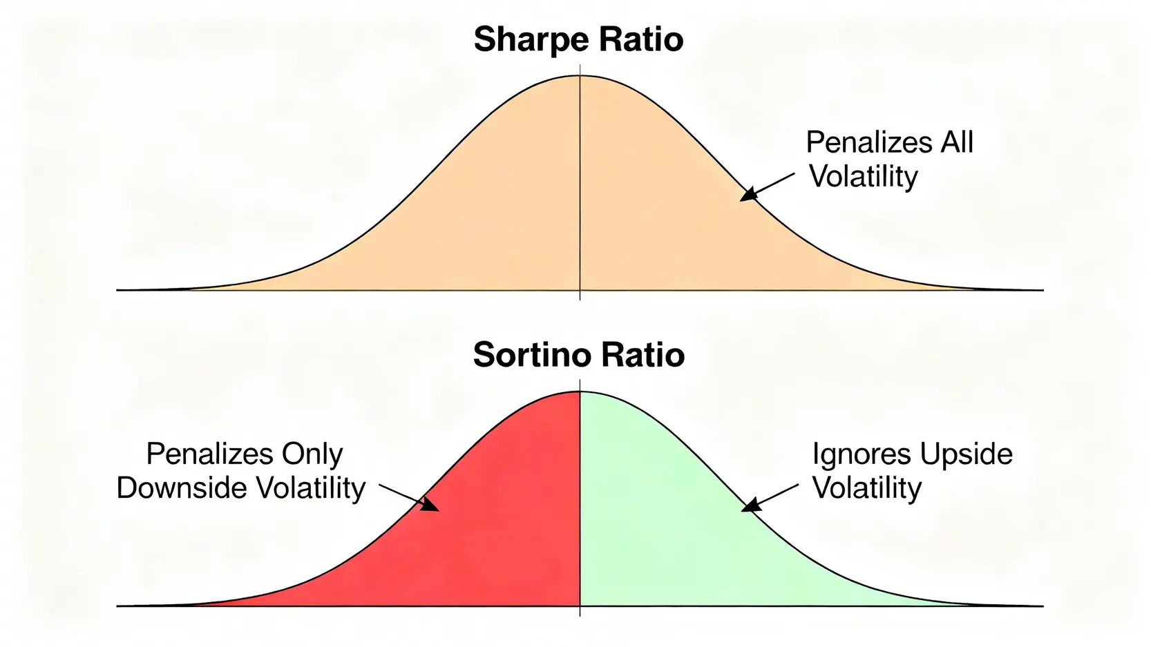 夏普比率與索提諾比率的區別圖,顯示兩者在衡量風險時對波動的不同計算方式。