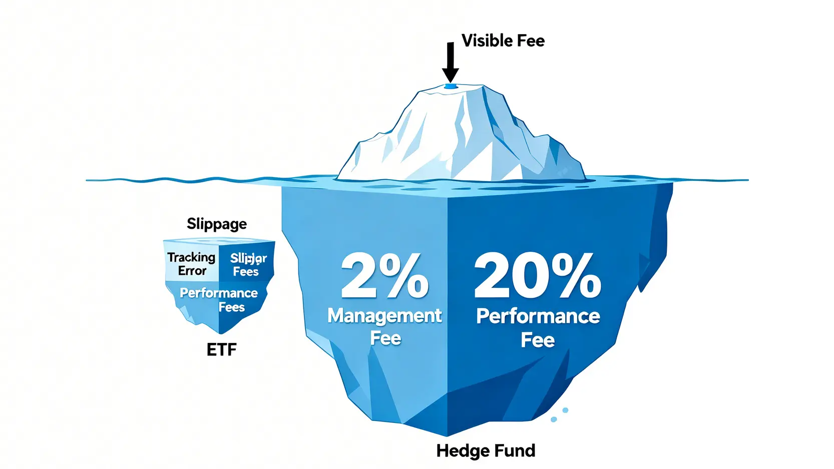 投資總持有成本冰山圖,展示了管理費只是可見的一小部分,而追蹤誤差、滑價成本和業績提成等隱藏成本構成了水下更龐大的部分。