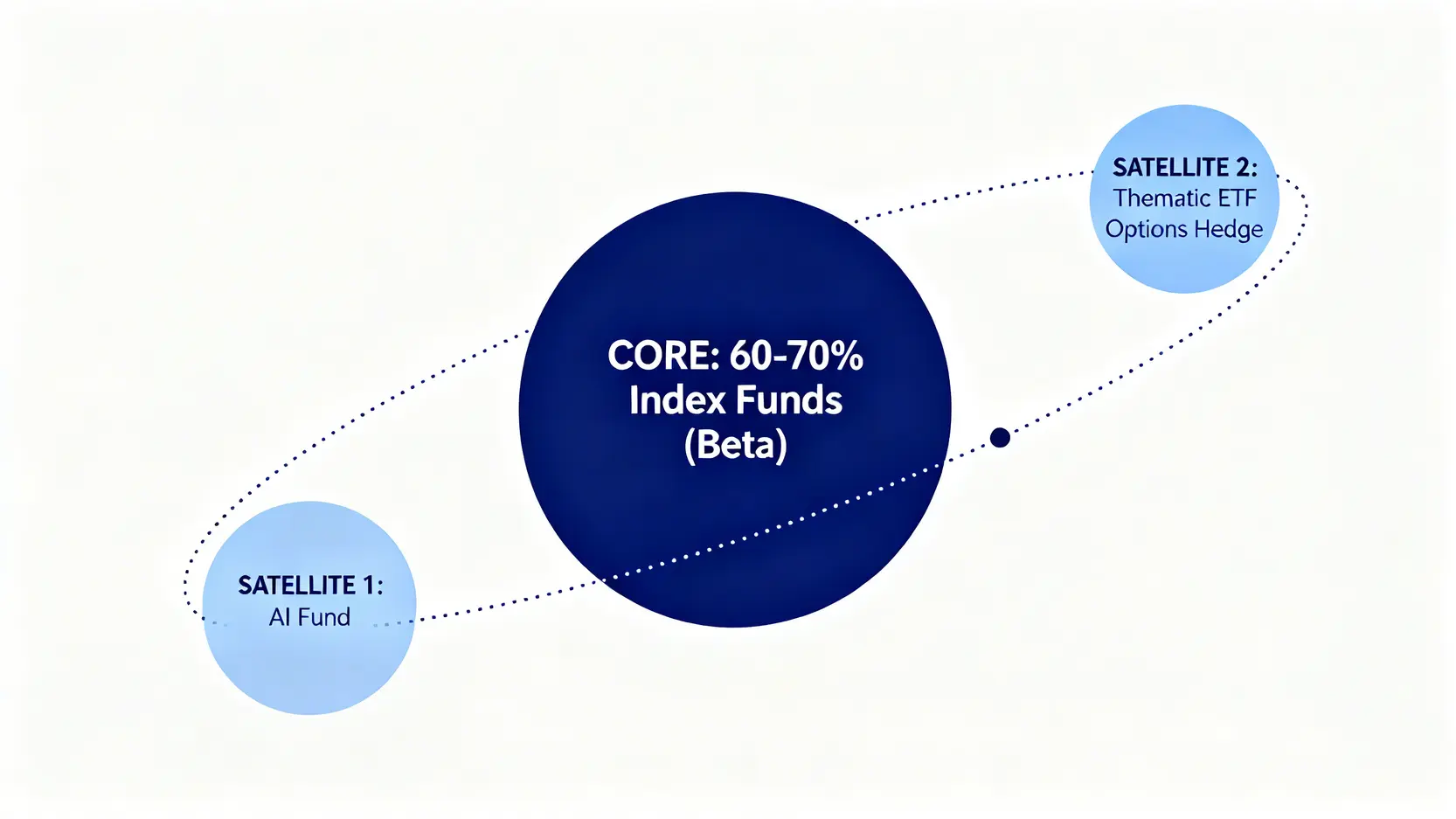 核心-衛星投資策略示意圖,展示以指數基金為核心,搭配AI基金、主題ETF等衛星資產。
