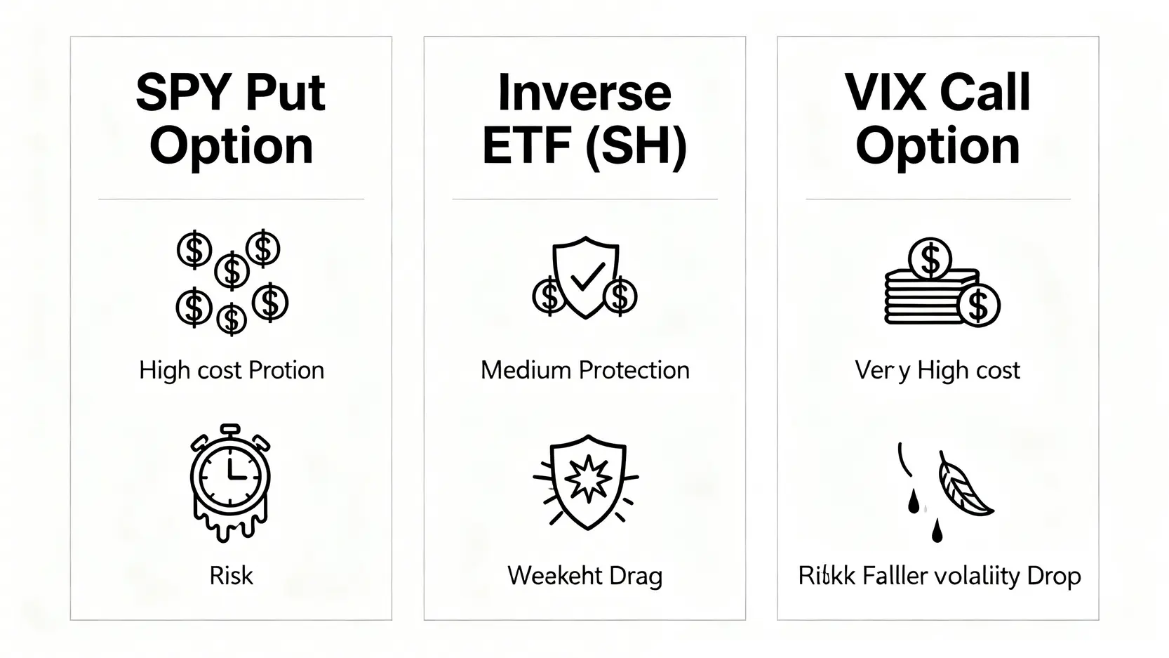 一張對比圖,並列比較三種對沖工具:看跌期權、反向ETF和VIX期權的成本、保護效率與主要風險。