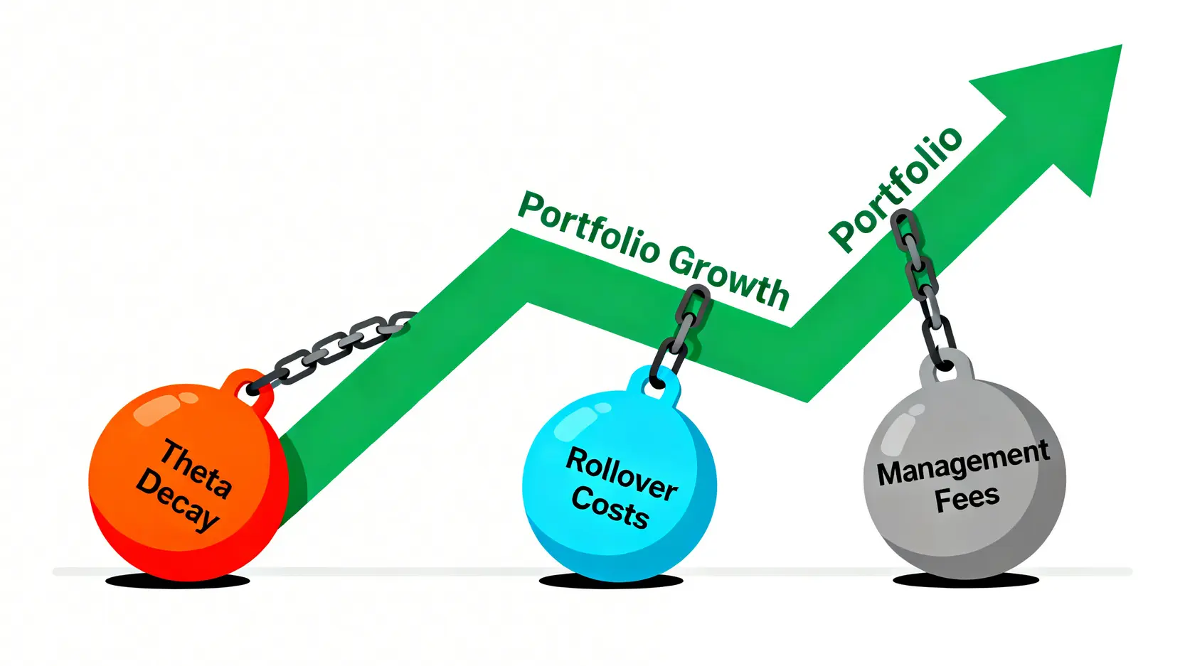 一個說明對沖拖累概念的示意圖,顯示投資組合的增長被時間價值損耗、轉倉成本和管理費等重物拖累。